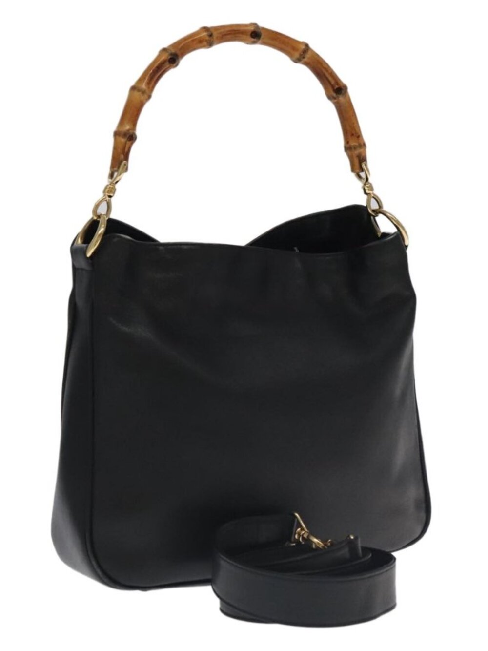 GUCCI Bamboo Hand Bag Leather 2way Black Gold 001 3754 1638 Auth ti2587